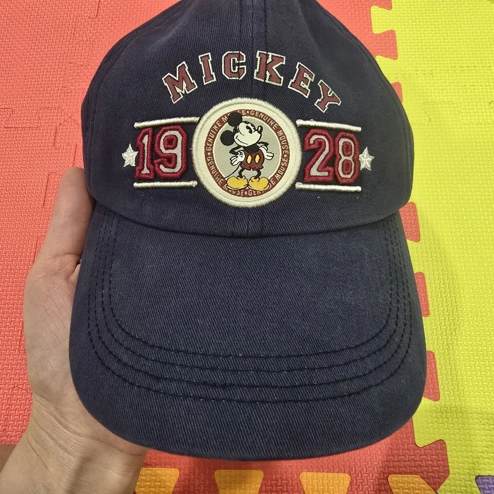 Vintage Disneyland Resort Mickey Mouse‎ Hat Navy Blue 1928 Leather Strap Cap...